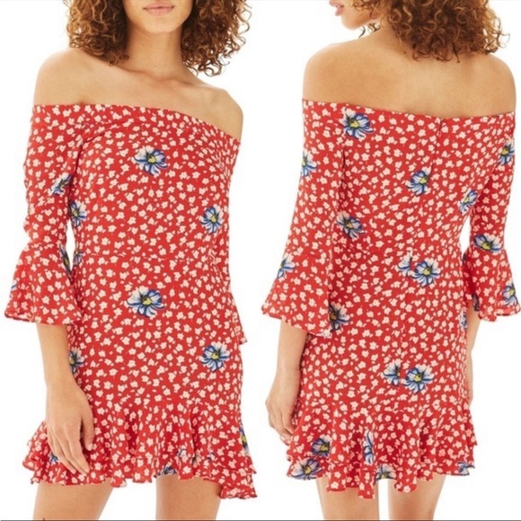 Topshop Bardot Off Shoulder Floral Ruffle Dress size 10 - Picture 1 of 12
